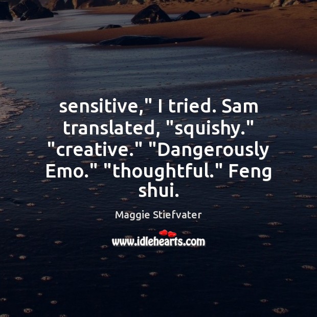 Sensitive,” I tried. Sam translated, “squishy.” “creative.” “Dangerously Emo.” “thoughtful.” Feng shui. Maggie Stiefvater Picture Quote