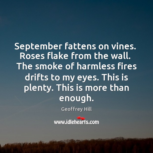 September fattens on vines.  Roses flake from the wall.  The smoke of Geoffrey Hill Picture Quote