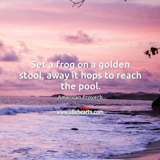 Set a frog on a golden stool, away it hops to reach the pool. American Proverbs Image