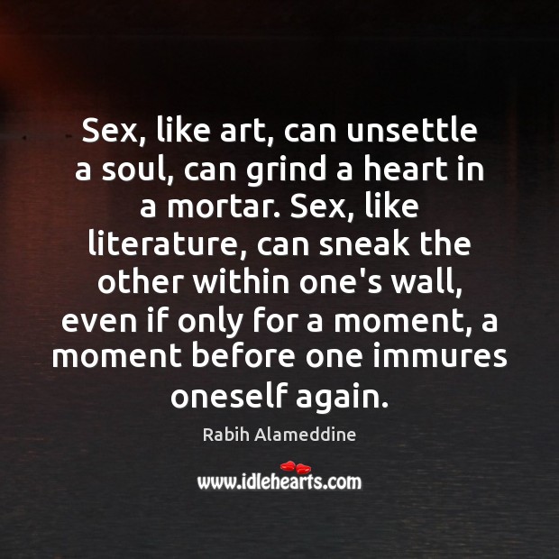 Sex, like art, can unsettle a soul, can grind a heart in Rabih Alameddine Picture Quote