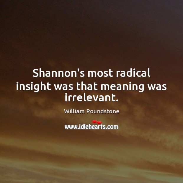 Shannon’s most radical insight was that meaning was irrelevant. William Poundstone Picture Quote