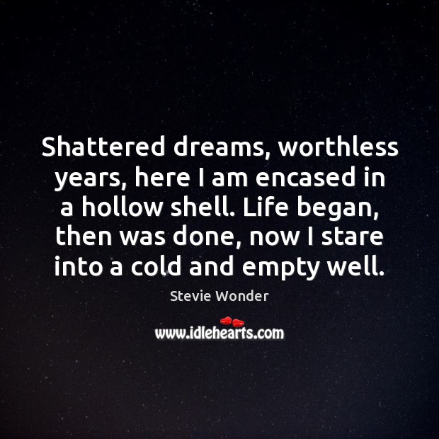 Shattered dreams, worthless years, here I am encased in a hollow shell. Stevie Wonder Picture Quote