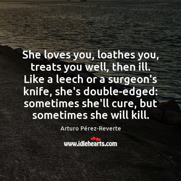 She loves you, loathes you, treats you well, then ill. Like a Arturo Pérez-Reverte Picture Quote
