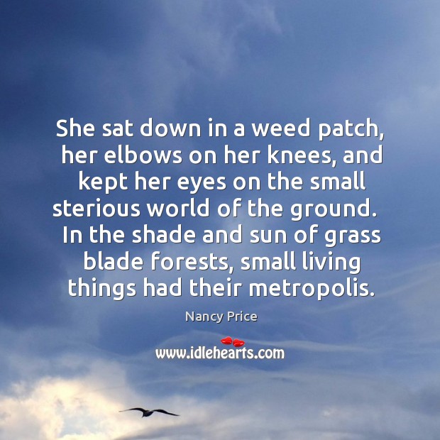 She sat down in a weed patch, her elbows on her knees, Image