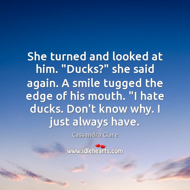 She turned and looked at him. “Ducks?” she said again. A smile Image