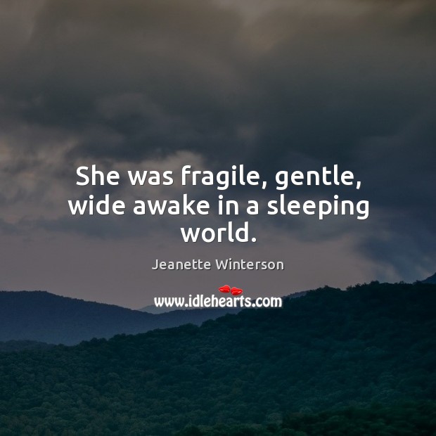 She was fragile, gentle, wide awake in a sleeping world. Jeanette Winterson Picture Quote