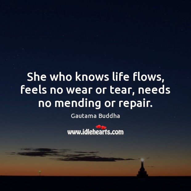 She who knows life flows, feels no wear or tear, needs no mending or repair. Gautama Buddha Picture Quote