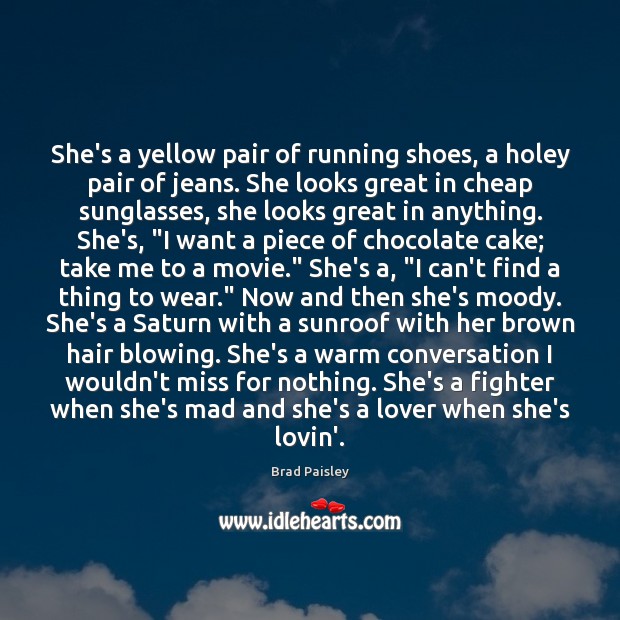 She’s a yellow pair of running shoes, a holey pair of jeans. Image