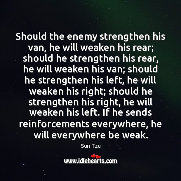 Should the enemy strengthen his van, he will weaken his rear; should Sun Tzu Picture Quote