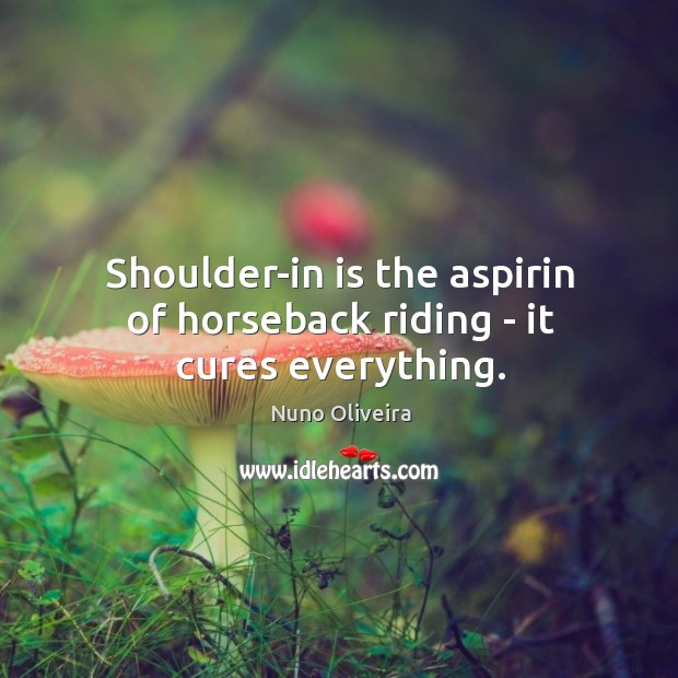 Shoulder-in is the aspirin of horseback riding – it cures everything. Nuno Oliveira Picture Quote