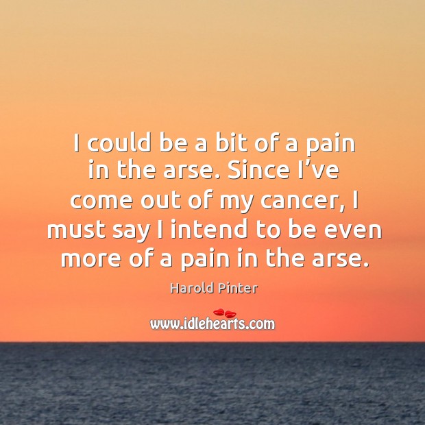 Since I’ve come out of my cancer, I must say I intend to be even more of a pain in the arse. Harold Pinter Picture Quote