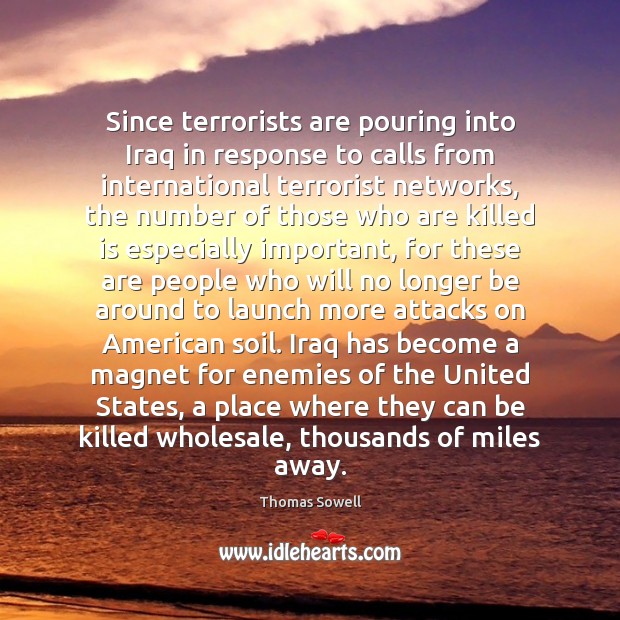 Since terrorists are pouring into Iraq in response to calls from international Thomas Sowell Picture Quote