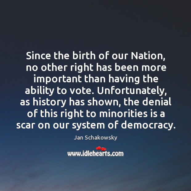 Since the birth of our nation, no other right has been more important than having the ability to vote. Jan Schakowsky Picture Quote