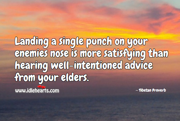 Landing a single punch on your enemies nose is more satisfying than hearing well-intentioned advice from your elders. Tibetan Proverbs Image