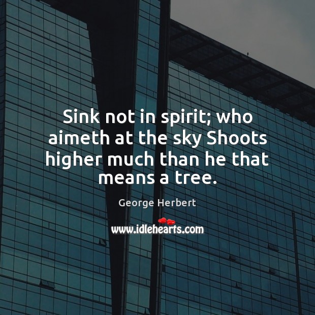 Sink not in spirit; who aimeth at the sky Shoots higher much than he that means a tree. George Herbert Picture Quote