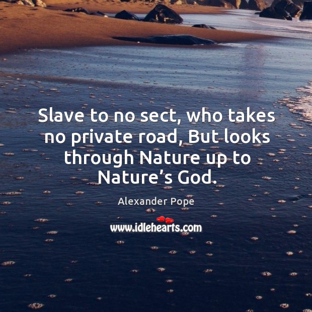 Slave to no sect, who takes no private road, but looks through nature up to nature’s God. Alexander Pope Picture Quote