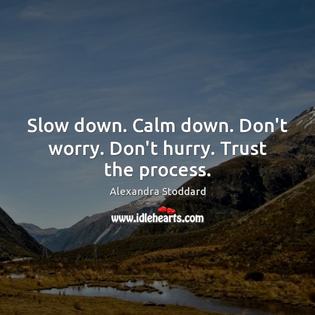 Slow down. Calm down. Don’t worry. Don’t hurry. Trust the process. Alexandra Stoddard Picture Quote