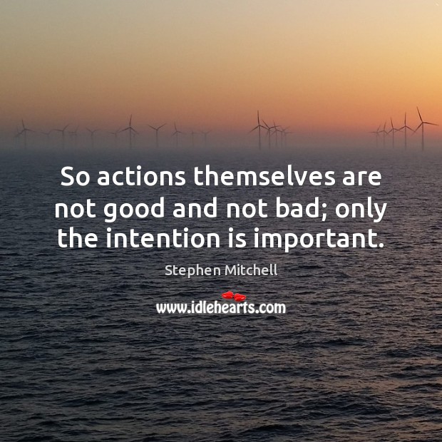 So actions themselves are not good and not bad; only the intention is important. Stephen Mitchell Picture Quote