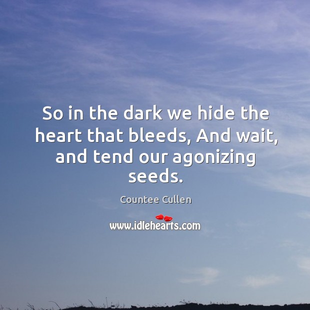 So in the dark we hide the heart that bleeds, and wait, and tend our agonizing seeds. Countee Cullen Picture Quote