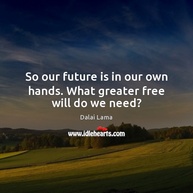 So our future is in our own hands. What greater free will do we need? Dalai Lama Picture Quote