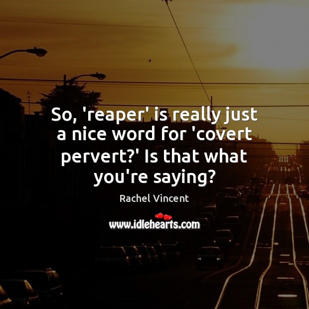So, ‘reaper’ is really just a nice word for ‘covert pervert?’ Is that what you’re saying? Rachel Vincent Picture Quote