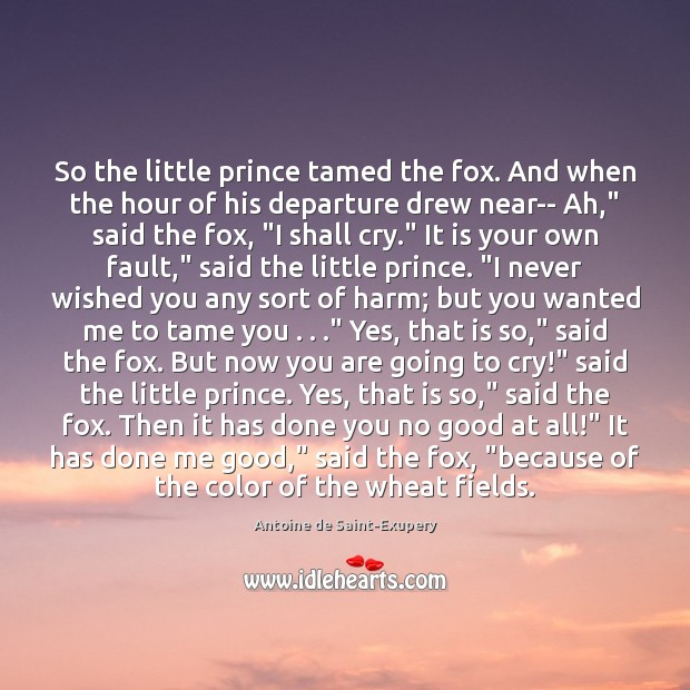 So the little prince tamed the fox. And when the hour of Antoine de Saint-Exupery Picture Quote