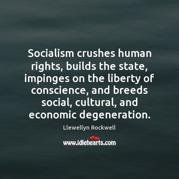 Socialism crushes human rights, builds the state, impinges on the liberty of Llewellyn Rockwell Picture Quote