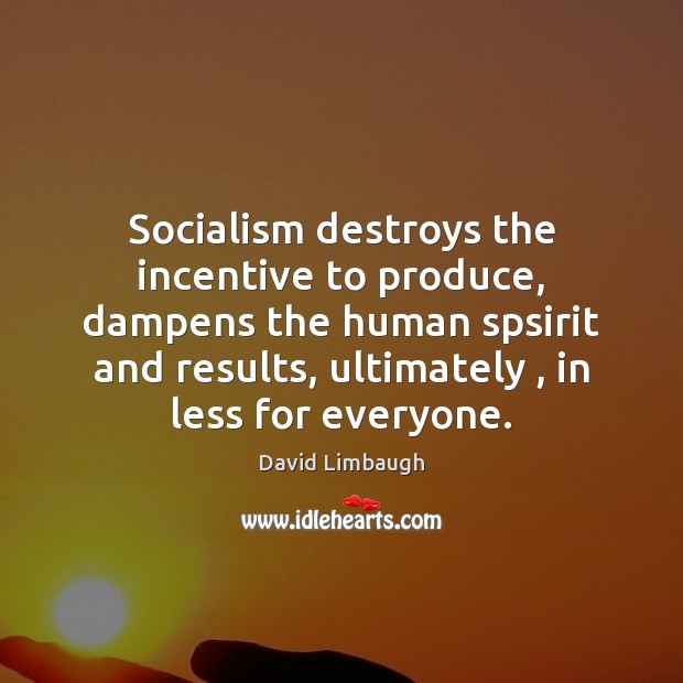 Socialism destroys the incentive to produce, dampens the human spsirit and results, David Limbaugh Picture Quote