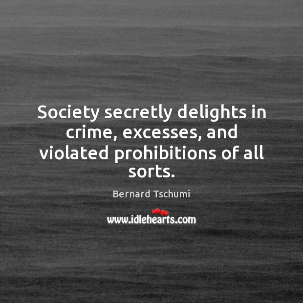 Society secretly delights in crime, excesses, and violated prohibitions of all sorts. Bernard Tschumi Picture Quote