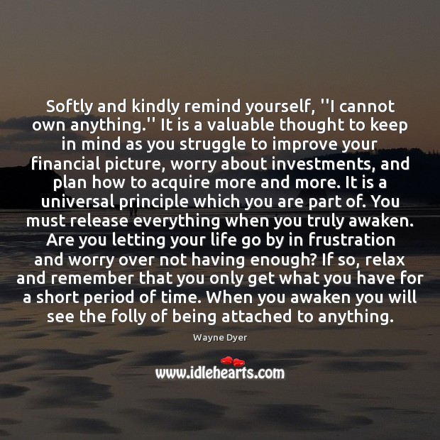Softly and kindly remind yourself, ”I cannot own anything.” It is Wayne Dyer Picture Quote