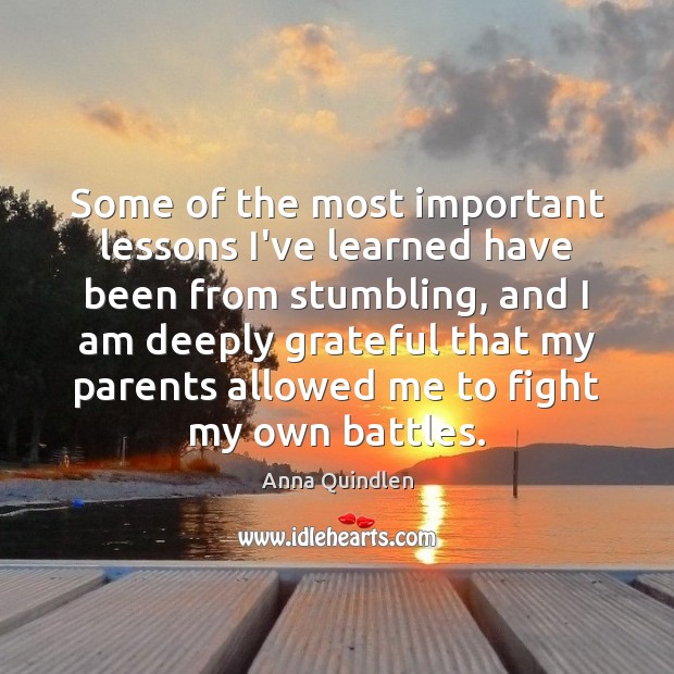 Some of the most important lessons I’ve learned have been from stumbling, Anna Quindlen Picture Quote