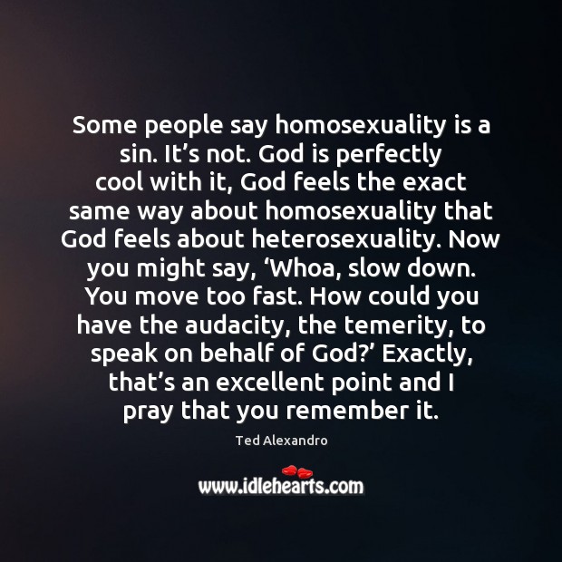 Some people say homosexuality is a sin. It’s not. God is Ted Alexandro Picture Quote
