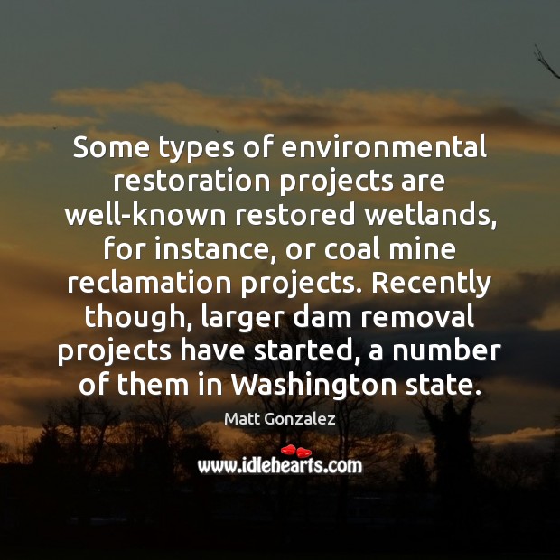 Some types of environmental restoration projects are well-known restored wetlands, for instance, Matt Gonzalez Picture Quote