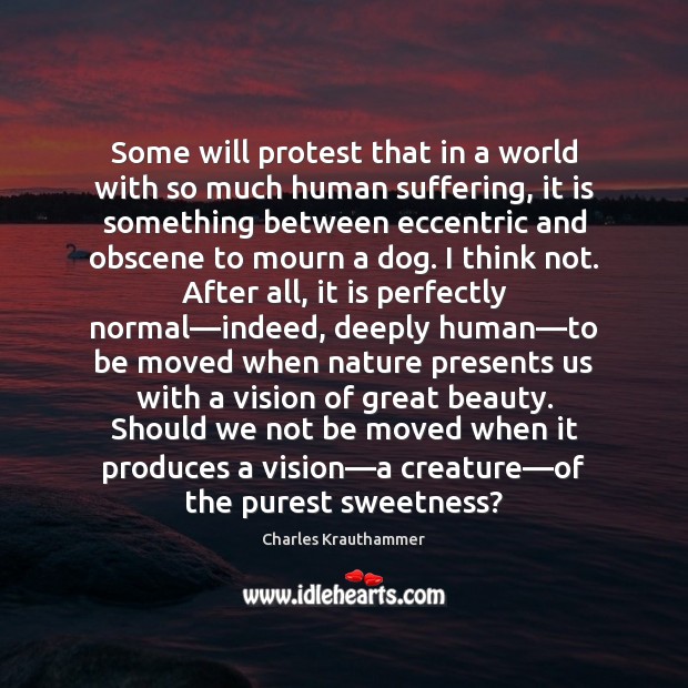 Some will protest that in a world with so much human suffering, Charles Krauthammer Picture Quote