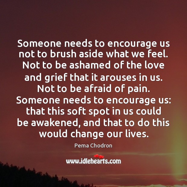Someone needs to encourage us not to brush aside what we feel. Pema Chodron Picture Quote