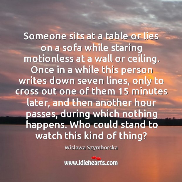 Someone sits at a table or lies on a sofa while staring motionless at a wall or ceiling. Image