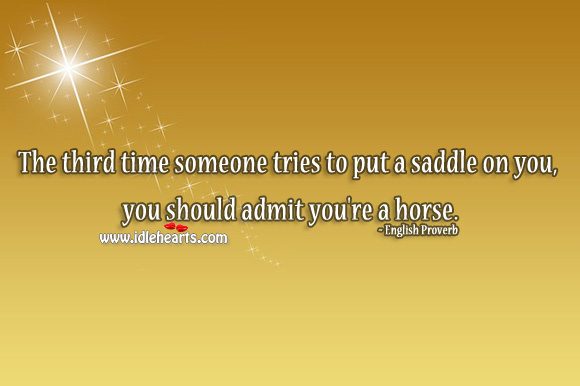 The third time someone tries to put a saddle on you, you should admit you’re a horse. English Proverbs Image