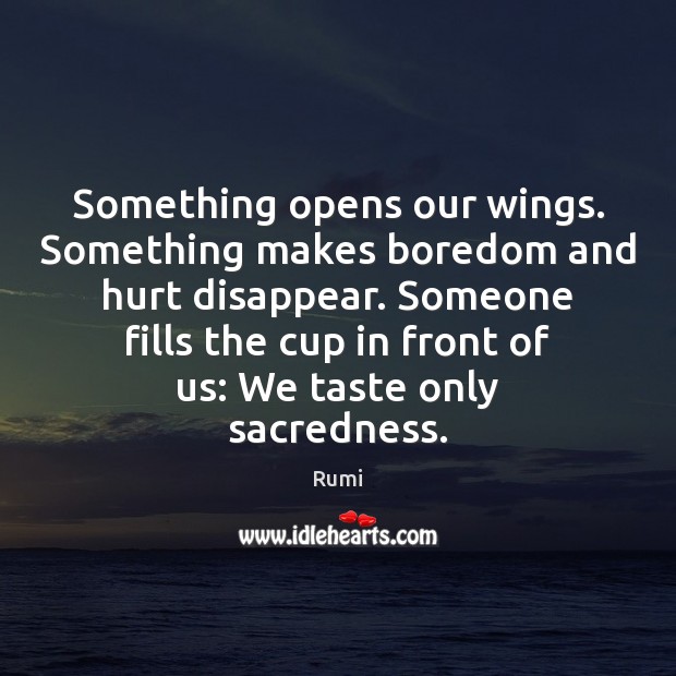Something opens our wings. Something makes boredom and hurt disappear. Someone fills Rumi Picture Quote