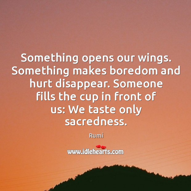 Something opens our wings. Something makes boredom and hurt disappear. Someone fills the cup in front of us: we taste only sacredness. Rumi Picture Quote