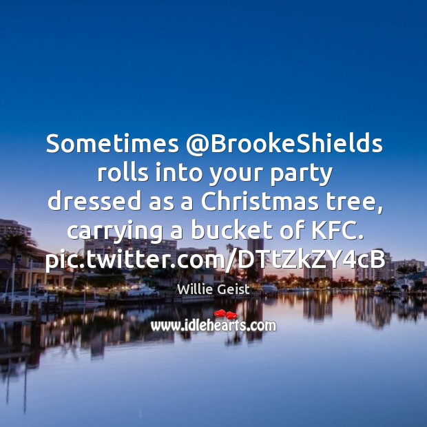 Sometimes @BrookeShields rolls into your party dressed as a Christmas tree, carrying Image