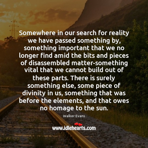 Somewhere in our search for reality we have passed something by, something Walker Evans Picture Quote