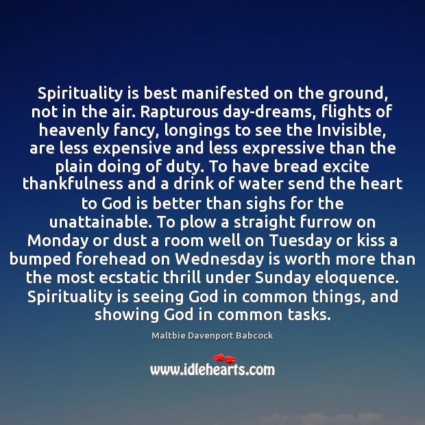 Spirituality is best manifested on the ground, not in the air. Rapturous Maltbie Davenport Babcock Picture Quote