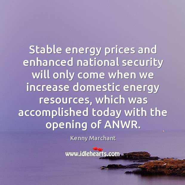 Stable energy prices and enhanced national security will only come when we increase domestic energy resources Kenny Marchant Picture Quote