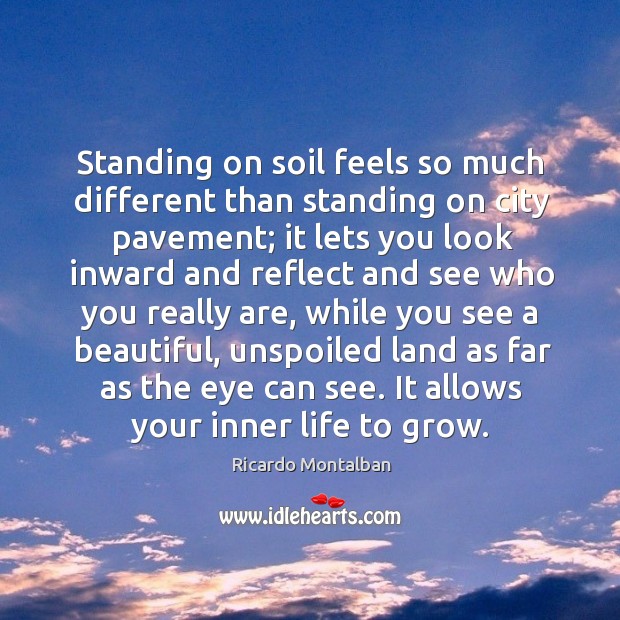 Standing on soil feels so much different than standing on city pavement; it lets you look inward and.. Ricardo Montalban Picture Quote