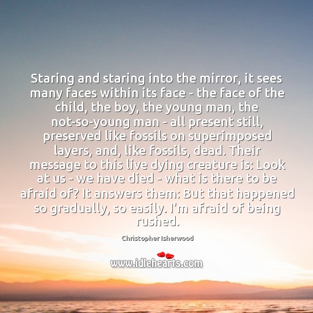 Staring and staring into the mirror, it sees many faces within its Christopher Isherwood Picture Quote