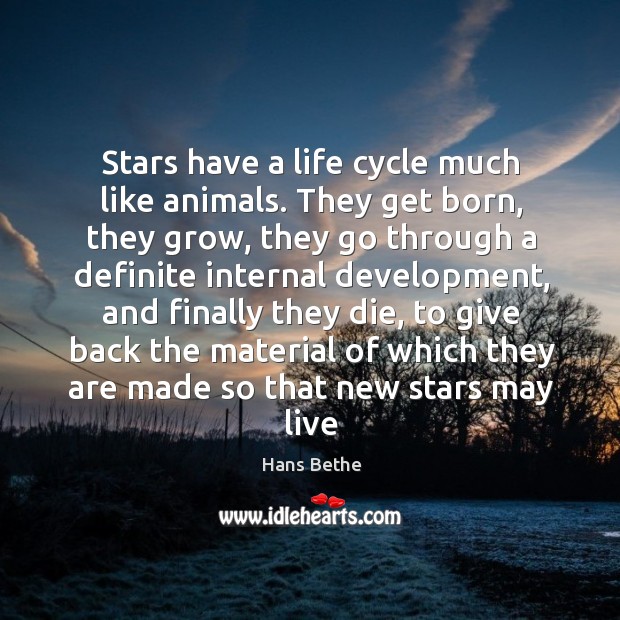 Stars have a life cycle much like animals. They get born, they Hans Bethe Picture Quote