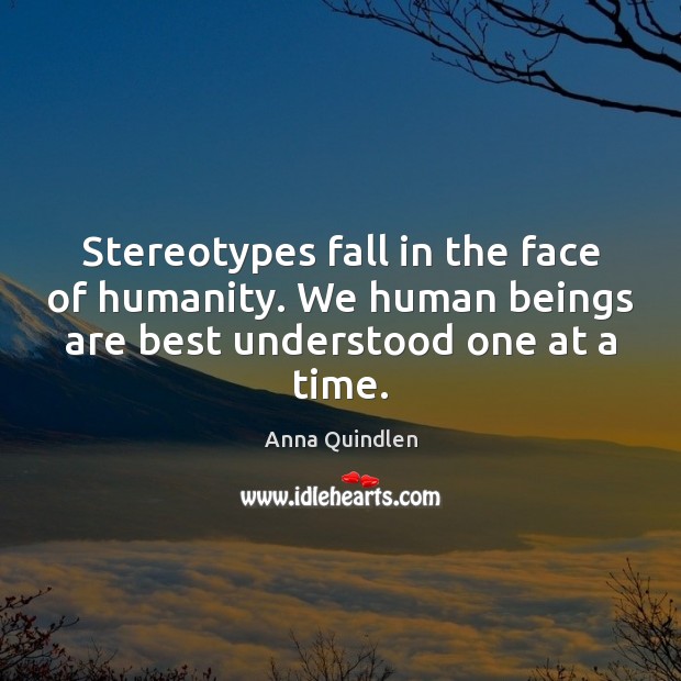 Stereotypes fall in the face of humanity. We human beings are best Anna Quindlen Picture Quote
