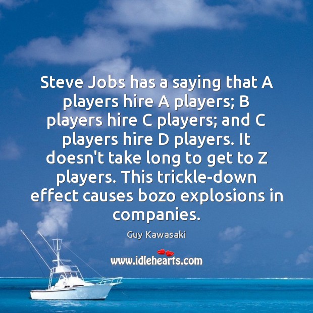 Steve Jobs has a saying that A players hire A players; B Guy Kawasaki Picture Quote
