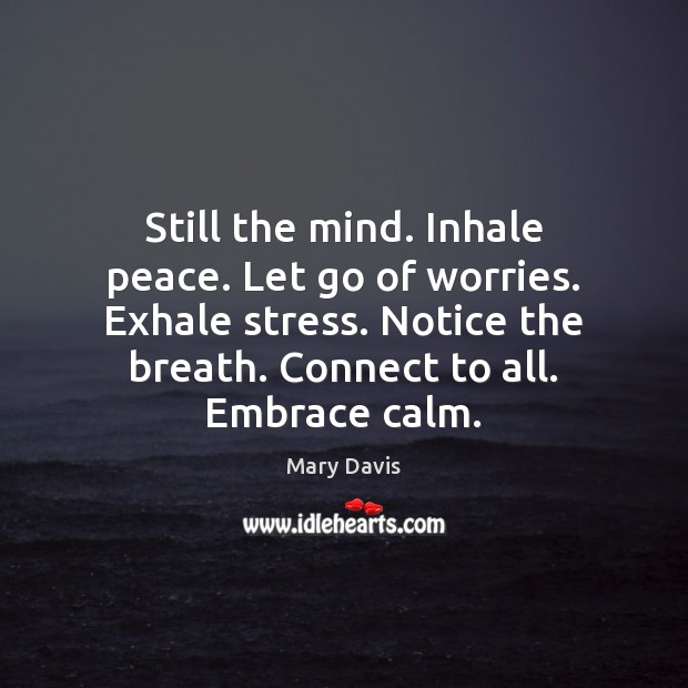 Still the mind. Inhale peace. Let go of worries. Exhale stress. Notice Mary Davis Picture Quote