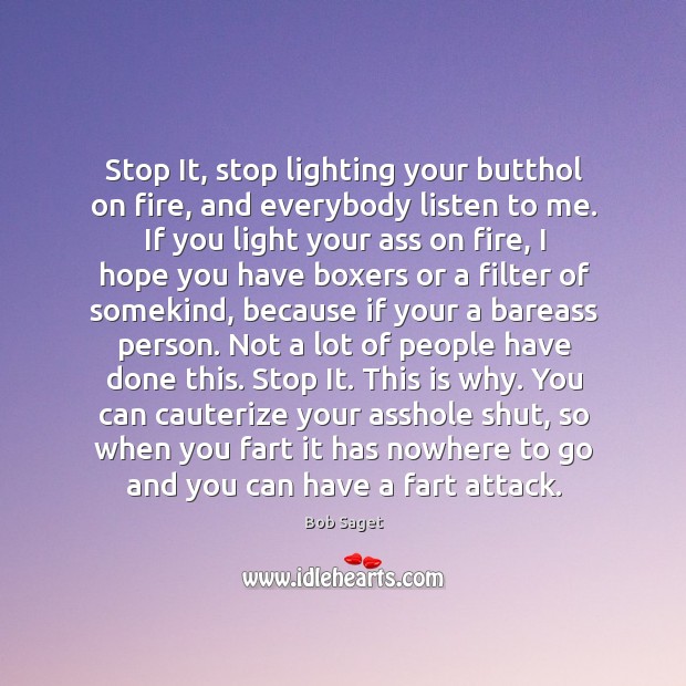 Stop It, stop lighting your butthol on fire, and everybody listen to Bob Saget Picture Quote